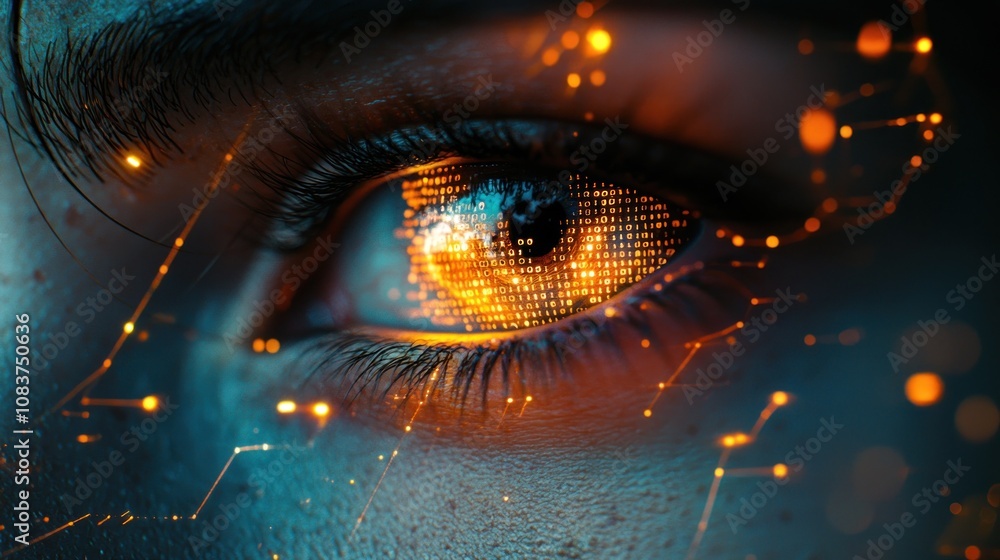 Poster A Close-Up of a Human Eye with Binary Code and Light Streaks