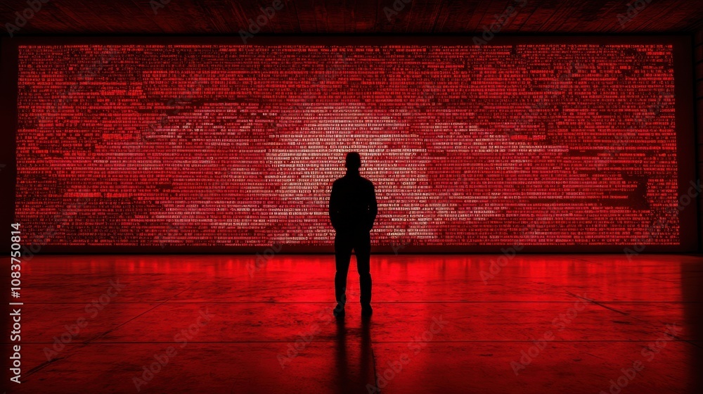 Poster individual standing in front of a red digital wall filled with numeric data and patterns, symbolizin