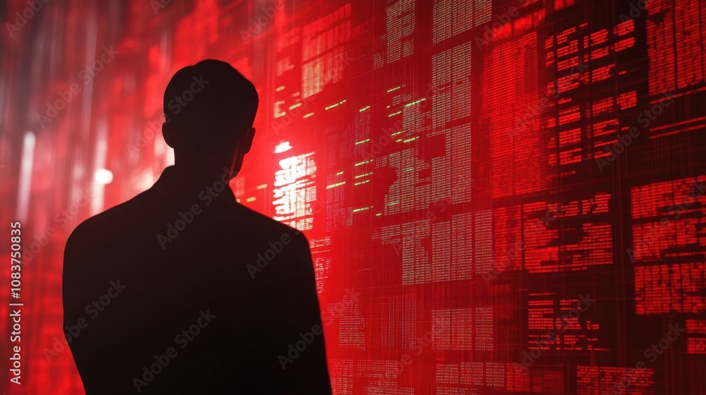 Poster a silhouetted figure stands in front of a mesmerizing red digital display, conveying themes of techn