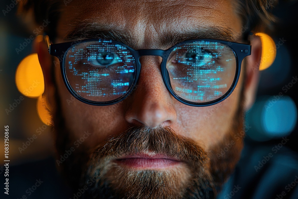 Poster close-up of a man's face with code reflected in his glasses