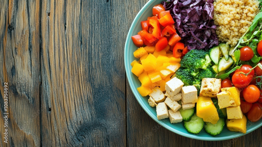 Poster a colorful plate features a nutritious quinoa salad with tofu and a variety of fresh vegetables arra