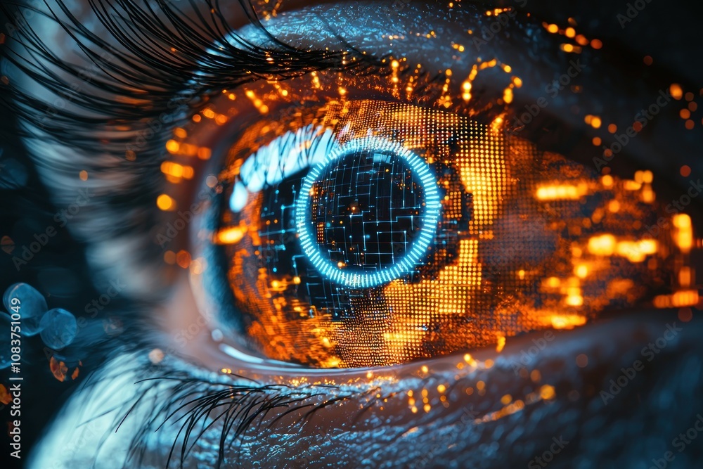 Poster a human eye with a digital globe reflected in the iris
