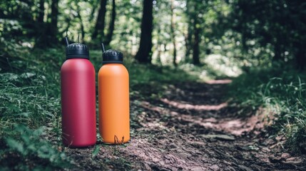 Colorful stainless steel water bottles in vibrant red and orange on a forest trail, surrounded by lush greenery and soft, natural sunlight filtering through the trees