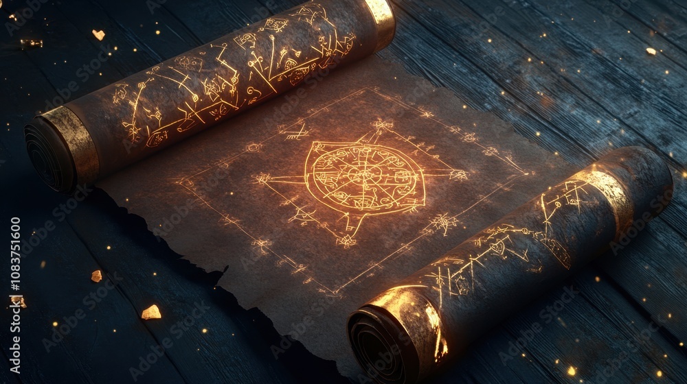 Poster mystical ancient scroll with illuminated symbols and intricate designs on a dark wooden surface, evo