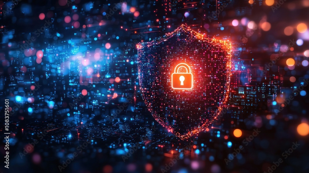 Poster Digital Shield with a Lock Symbol in a Network of Data