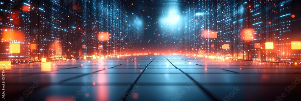 Poster abstract futuristic cityscape with glowing lights and a tiled floor