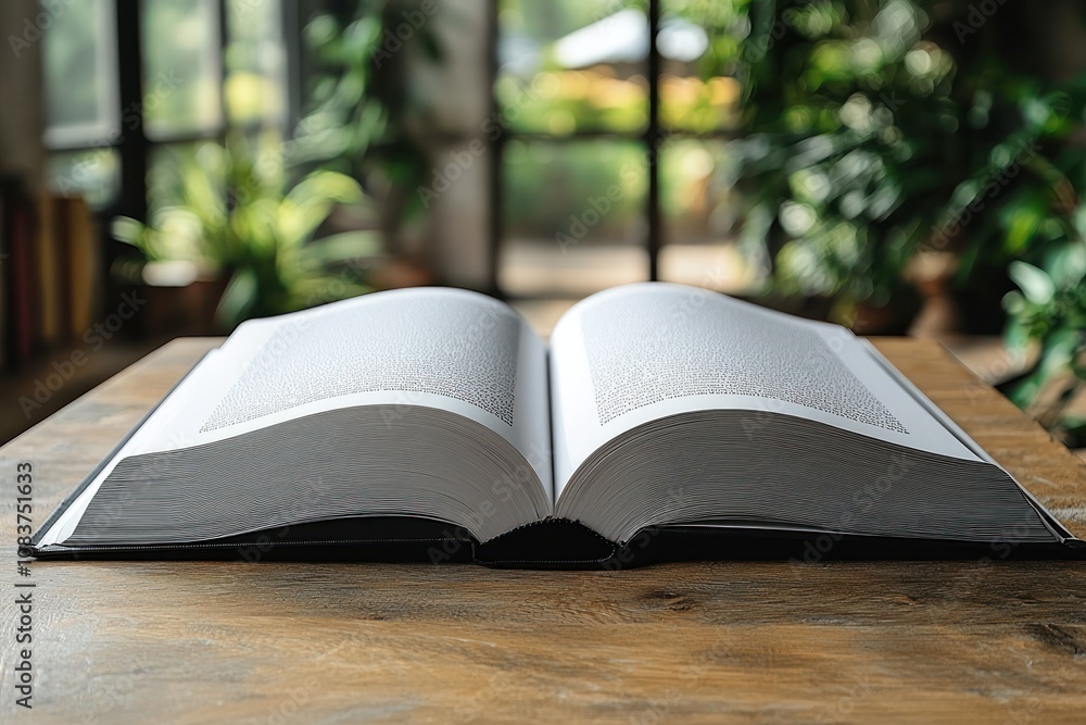 Poster an open book resting on a wooden table with a blurred background of green plants and a window