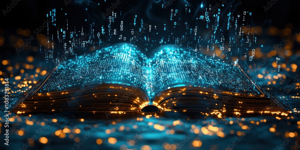 Aufkleber Open Book with Digital Code and Glowing Lights