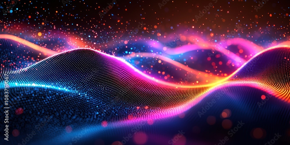 Poster Abstract Digital Wave with Glowing Particles and Bokeh Lights
