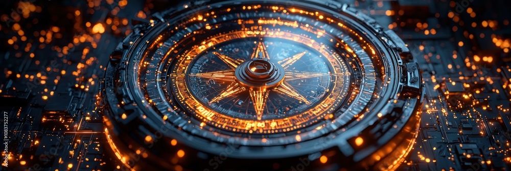 Poster glowing orange compass embedded in a futuristic metal structure