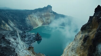 Volcanic crater lake at Kawah Ijen, with its acidic waters and dramatic volcanic formations