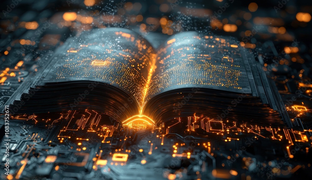 Aufkleber An Open Book on a Circuit Board with Glowing Lines and Particles