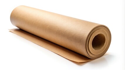Fototapeta premium Brown Kraft Paper Roll Isolated on White Background for Crafting and Packaging, Low Light Photography, Textured Paper, Eco-Friendly Material, Art Supplies, Stationery, DIY Projects