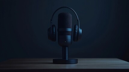 Fototapeta premium Studio microphone with headphones on wooden table.