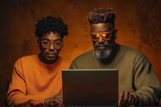 A creative gay couple works together on a laptop in their stylish home office, showcasing teamwork and modern design