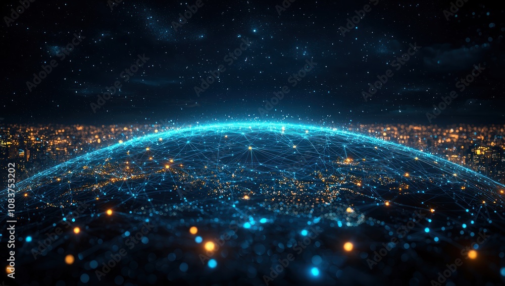Poster A Digital Globe with Blue Lines and Lights Representing a Network