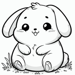 Fototapeta premium Chubby cartoon bunny illustration sitting cutely in a grassy area in black and white