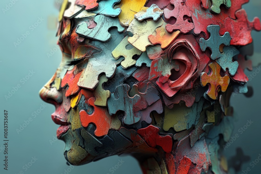 Aufkleber profile of a human face composed entirely of colorful jigsaw puzzle pieces against a neutral backgro