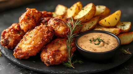 In the image, crispy chicken pieces and thick, seasoned potato wedges are arranged around a bowl of creamy, rosemary-infused dipping sauce.
