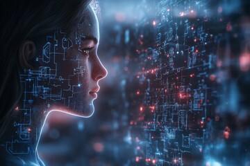 Female silhouette overlaying a futuristic matrix of data glowing circuits and abstract code in blue and red representing artificial intelligence and human computer interactions