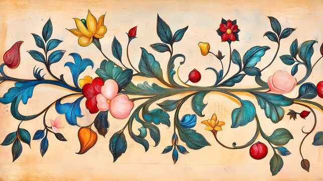 Ornate medieval illuminated manuscript border with floral patterns and vibrant colors. Renaissance. Illustration