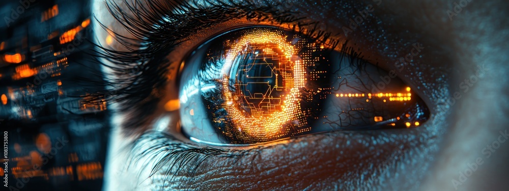 Poster close-up of a human eye with glowing circuitry pattern