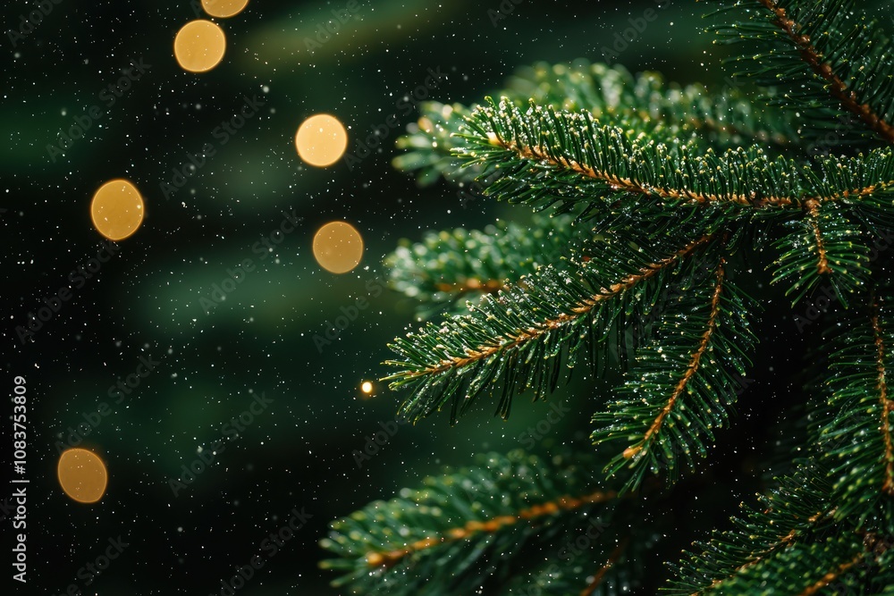 Poster Close-up of a Pine Branch with Bokeh Lights and Falling Snow