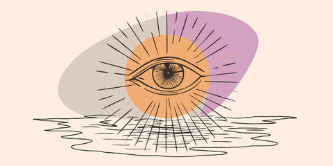 Ancient Eye A glowing eye symbol floats serenely on the water radiating a warm golden hue. The calm surface reflections create an aura of mystery suggesting awareness and