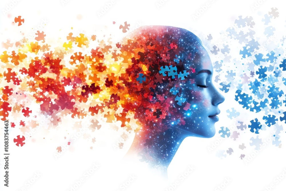Aufkleber abstract human head dissolving into colorful puzzle fragments against a white background symbolizing