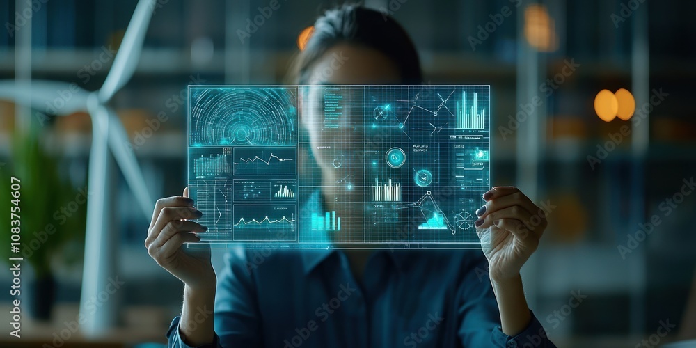 Poster woman holding a transparent screen with data visualizations