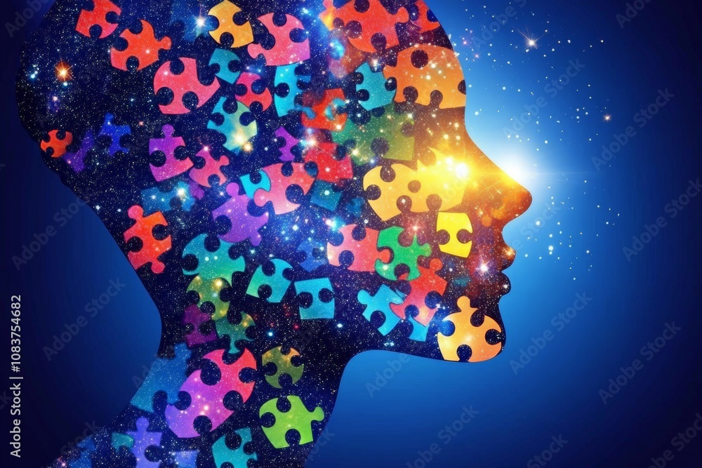 Aufkleber profile silhouette with multicolored puzzle pieces transitioning to a vibrant glow symbolizing indiv