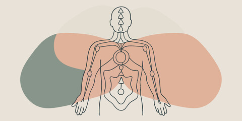 Naklejka premium Chakra Alignment A figure is positioned upright with hands p effectively over key chakra points. Each hand glows in corresponding colors with shimmering light connecting the hands