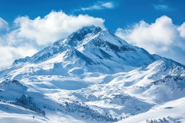 Snowy mountain peak with clouds. Perfect for winter or nature themed projects.