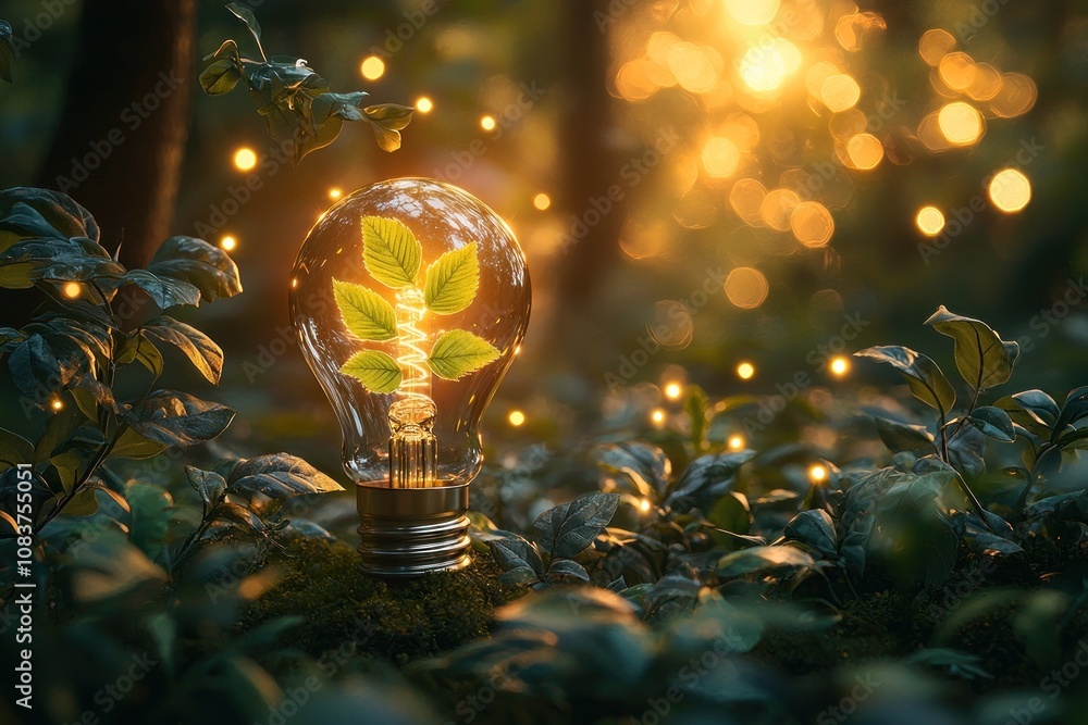 Poster illuminated light bulb with green leaves in a forest setting