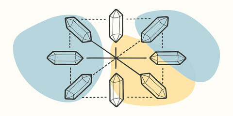 Crystal Grid A detailed illustration of various crystals such as ayst and clear quartz arranged in a grid pattern to harness energy during the eclipse. Lines connecting each