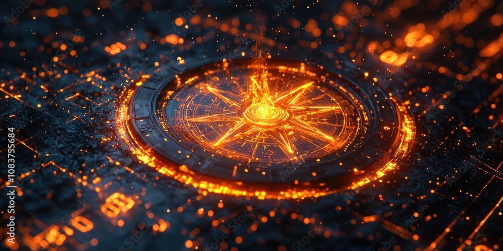 Poster a glowing star-shaped symbol with a fire-like effect surrounded by particles
