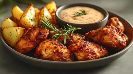 Fototapeta premium The image depicts a platter filled with crispy, golden-brown chicken pieces and thick, seasoned potato wedges, arranged around a small bowl of creamy, rosemary-infused dipping sauce.
