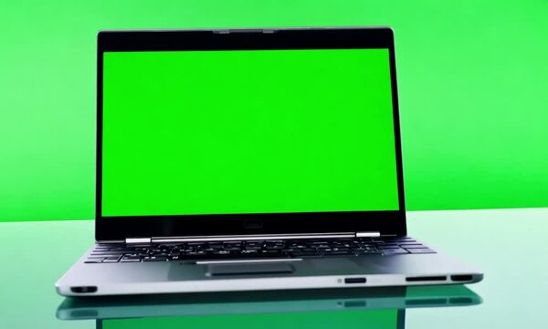 A slim, modern laptop with a green screen on its display sits open on an invisible surface against an isolated green screen backdrop, offering a flexible, high-quality setting for video overlays.
