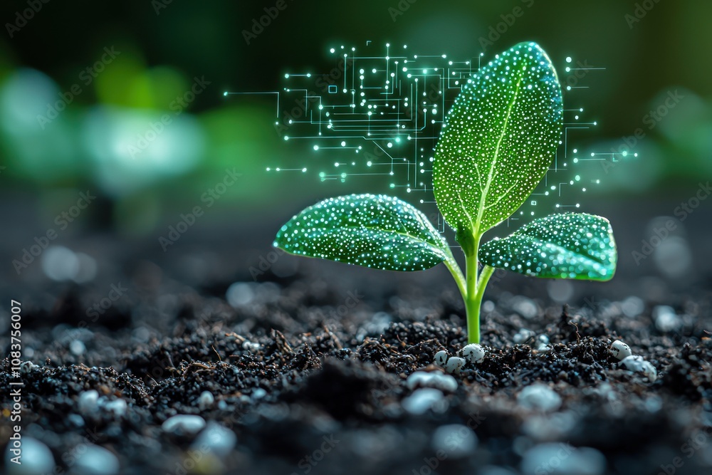 Poster a young sprout with a digital circuit overlay in soil