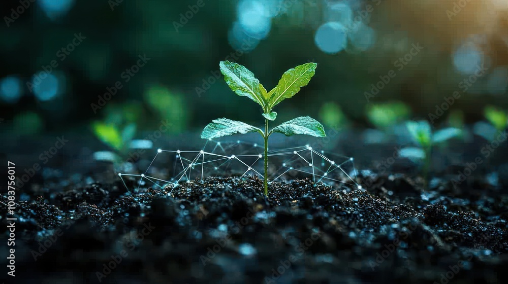 Aufkleber a single sapling emerging from the soil with network connections