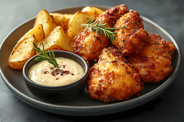 Fototapeta premium The image depicts a platter filled with crispy, golden-brown chicken pieces and thick, seasoned potato wedges, arranged around a small bowl of creamy, rosemary-infused dipping sauce.