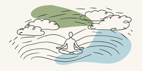Obraz premium Floating Clouds The meditative figure is depicted above floating fluffy clouds with wisps of vaporlike lines rising and falling around them. These lines symbolize their breath