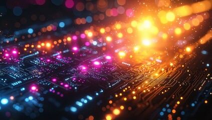 Obraz premium Illuminated Circuit Board with Bokeh Lights