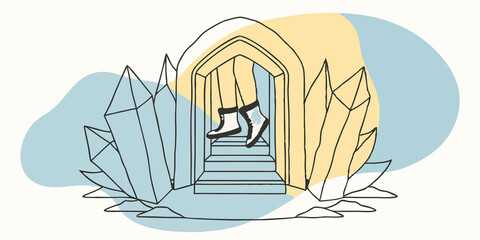 Gateway of Radiance Depict a person just about to lift their foot over the threshold of a circular portal. The portal formed by towering crystals that resemble jagged ice glows