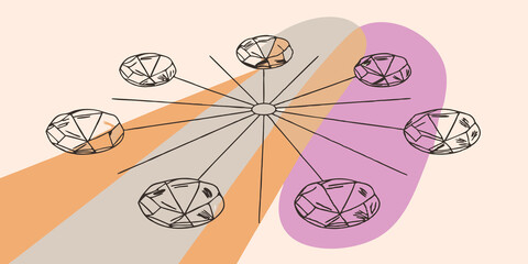 Gemstone Orbit A dynamic composition of spherical gemstones orbiting around an unseen center casting colorful shadows on a soft glowing surface with trails of light illuminating