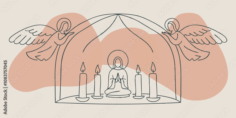 Poster guardians of peace the meditative figure is nestled in a cozy candlelit room. angels with soft glowi