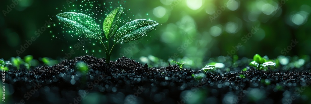 Poster A Single Sapling Emerging from Dark Soil with Glowing Green Particles