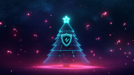 Cybersecurity Christmas Tree Illustration with Neon Lights