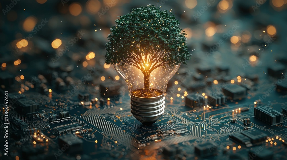 Poster a glowing light bulb with a green tree inside, sitting on a circuit board.