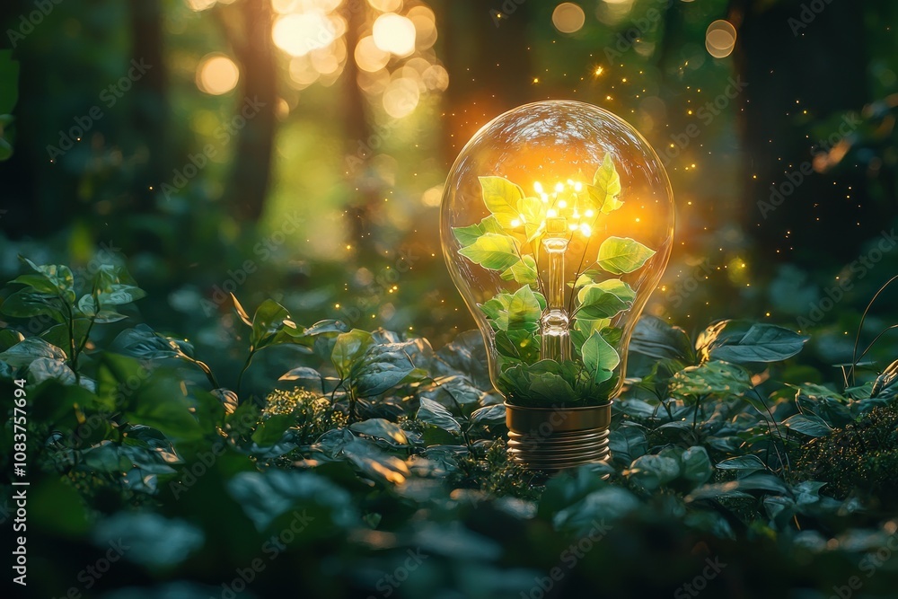 Poster a lightbulb with green plants growing inside in a forest setting